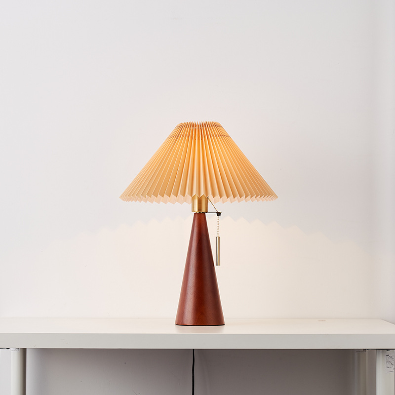 Solid Wood Table Lamp – Minimalist Bedside Desk Light with Pleated Shade