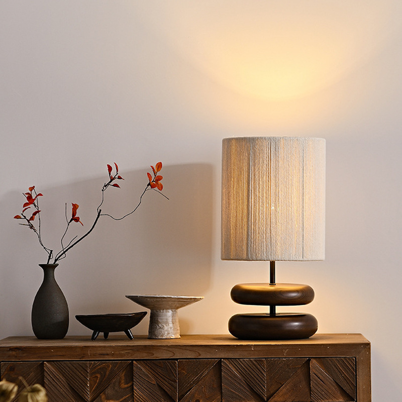 Solid Wood Base Woven Lampshade Bedside Table Lamp | Vintage Modern Home Decor Light