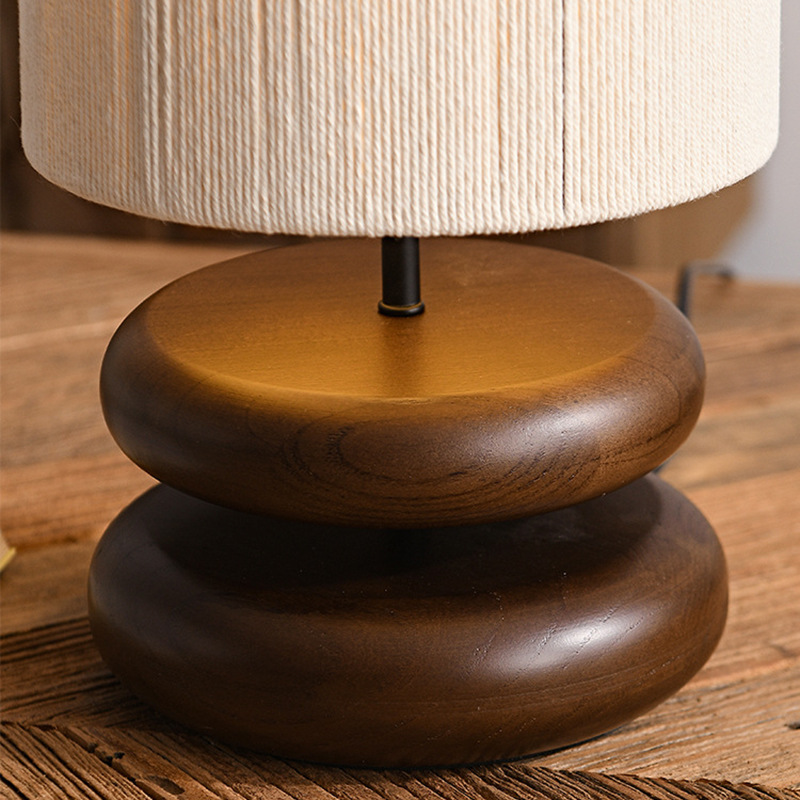Solid Wood Base Woven Lampshade Bedside Table Lamp | Vintage Modern Home Decor Light