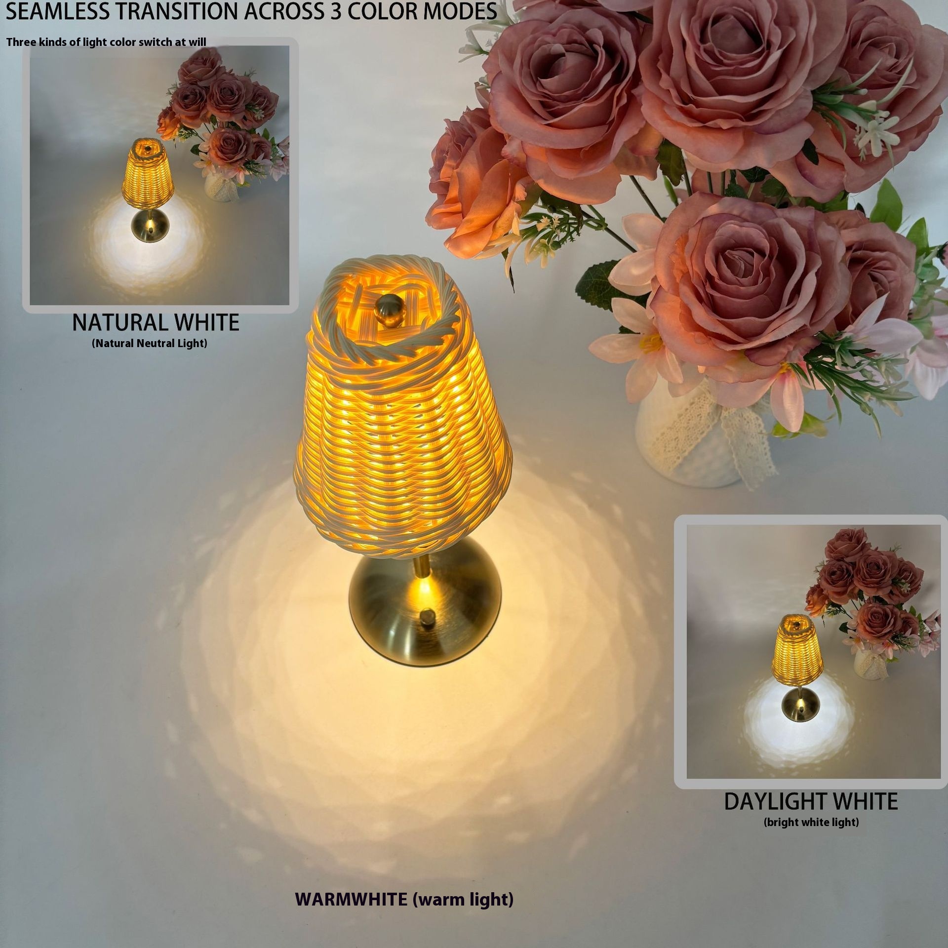 Handwoven Rattan Touch Control Rechargeable Ambient Table Lamp