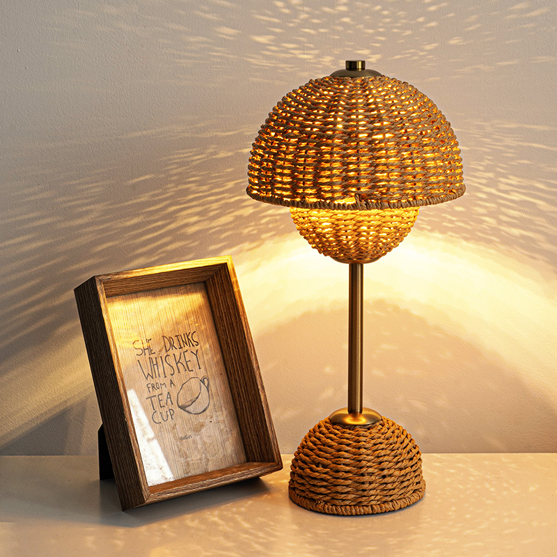 Handwoven Rattan Indoor Table Lamp with Warm Ambient Light