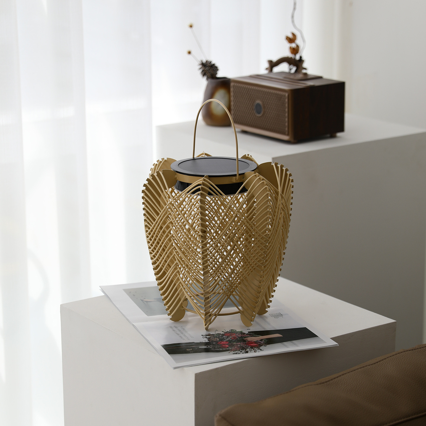 Solar Powered Woven Rattan Outdoor Table Lamp with Handle