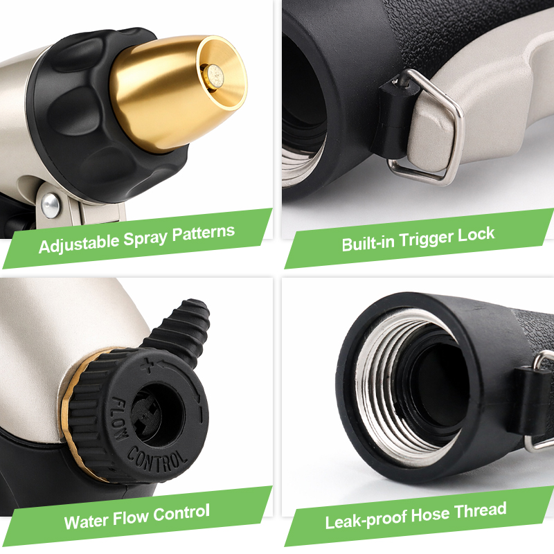Easy Grip Metal Garden Hose Nozzle with 3 Spray Patterns and Flow Control