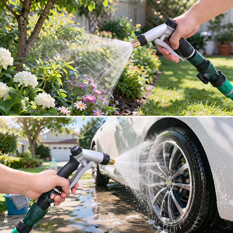 Easy Press Garden Hose Nozzle with 3 Spray Patterns and Flow Control