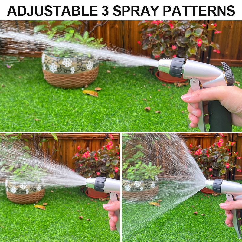 Easy Squeeze Metal Garden Hose Nozzle with 3 Spray Patterns and Flow Control