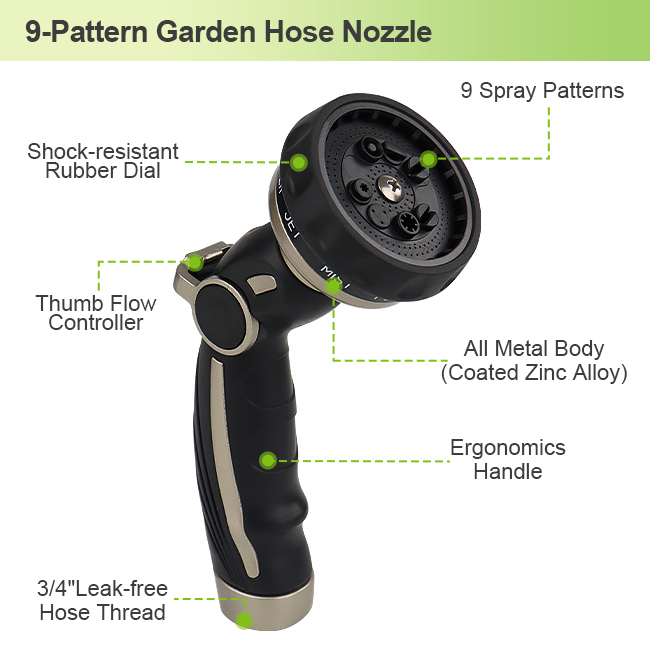 Heavyweight Thumb-Operated Hose Nozzle with 9 Spray Settings for Garden, Car Wash, and Outdoor Use