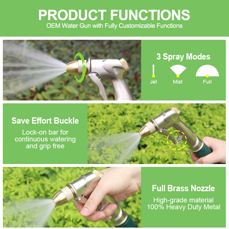 No Squeeze Garden Hose Nozzle with 3 Spray Modes and Brass Nozzle