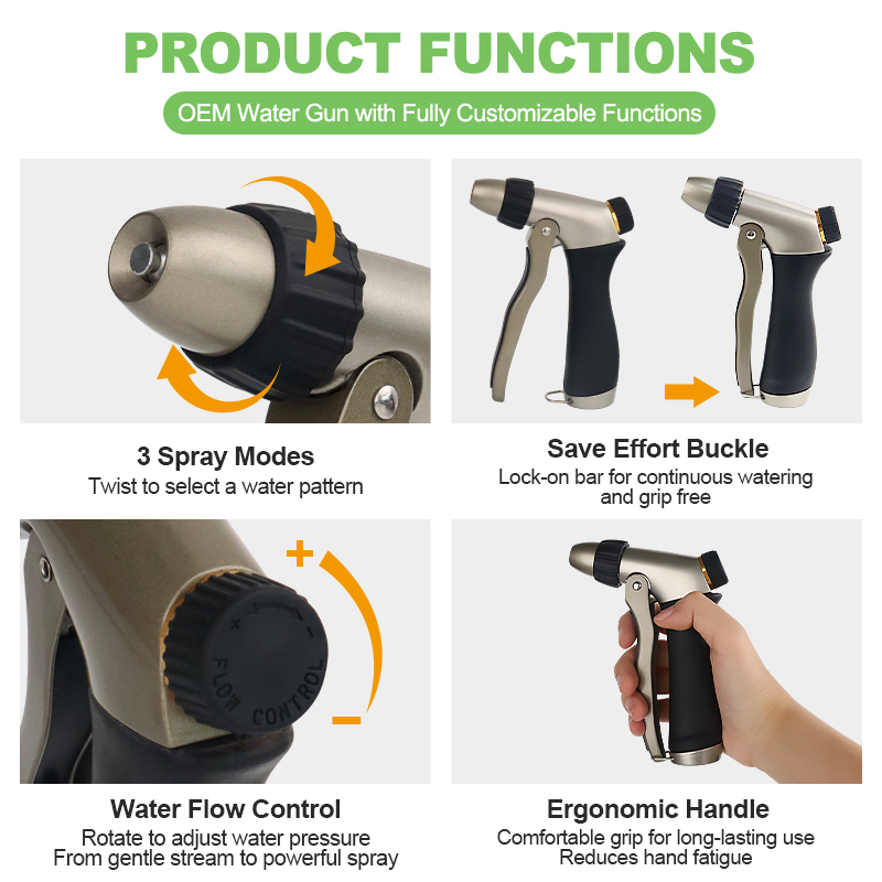 No Squeeze Metal Garden Hose Nozzle with 3 Spray Patterns and Flow Control