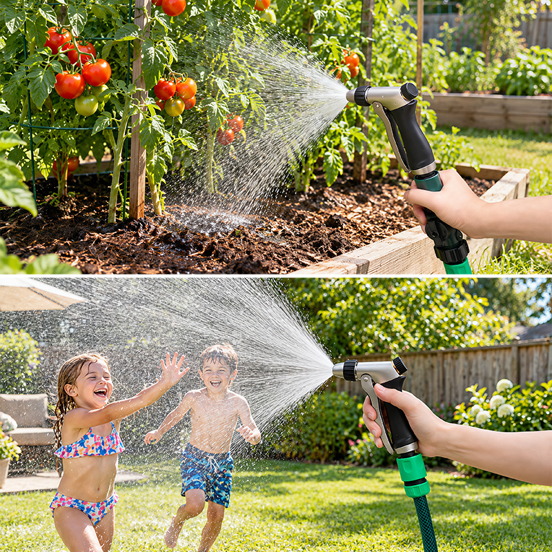 No Squeeze Metal Garden Hose Nozzle with 3 Spray Patterns and Flow Control