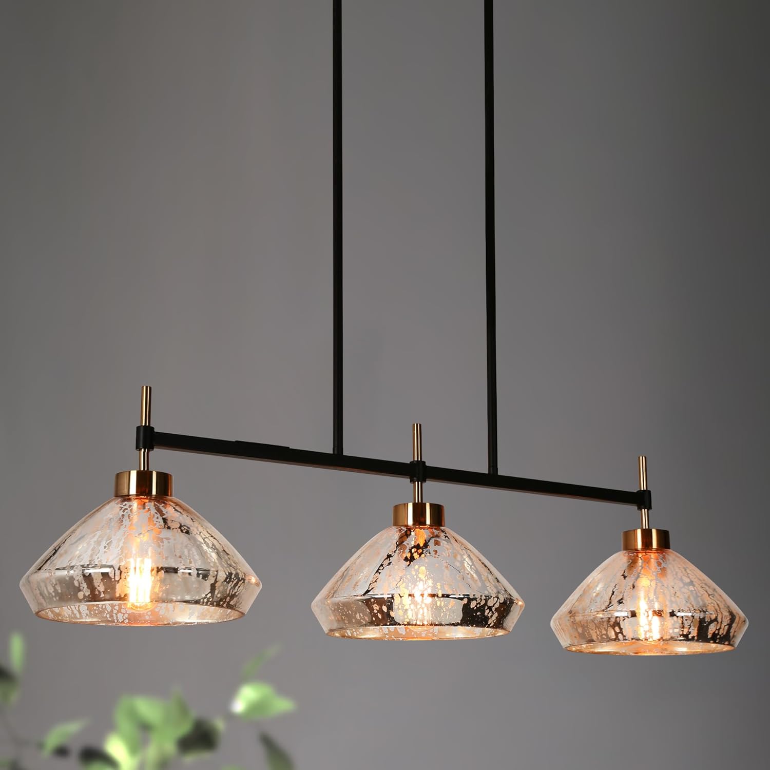 Modern 3-Light Linear Pendant Chandelier Gold Seeded Glass Island Hanging Light