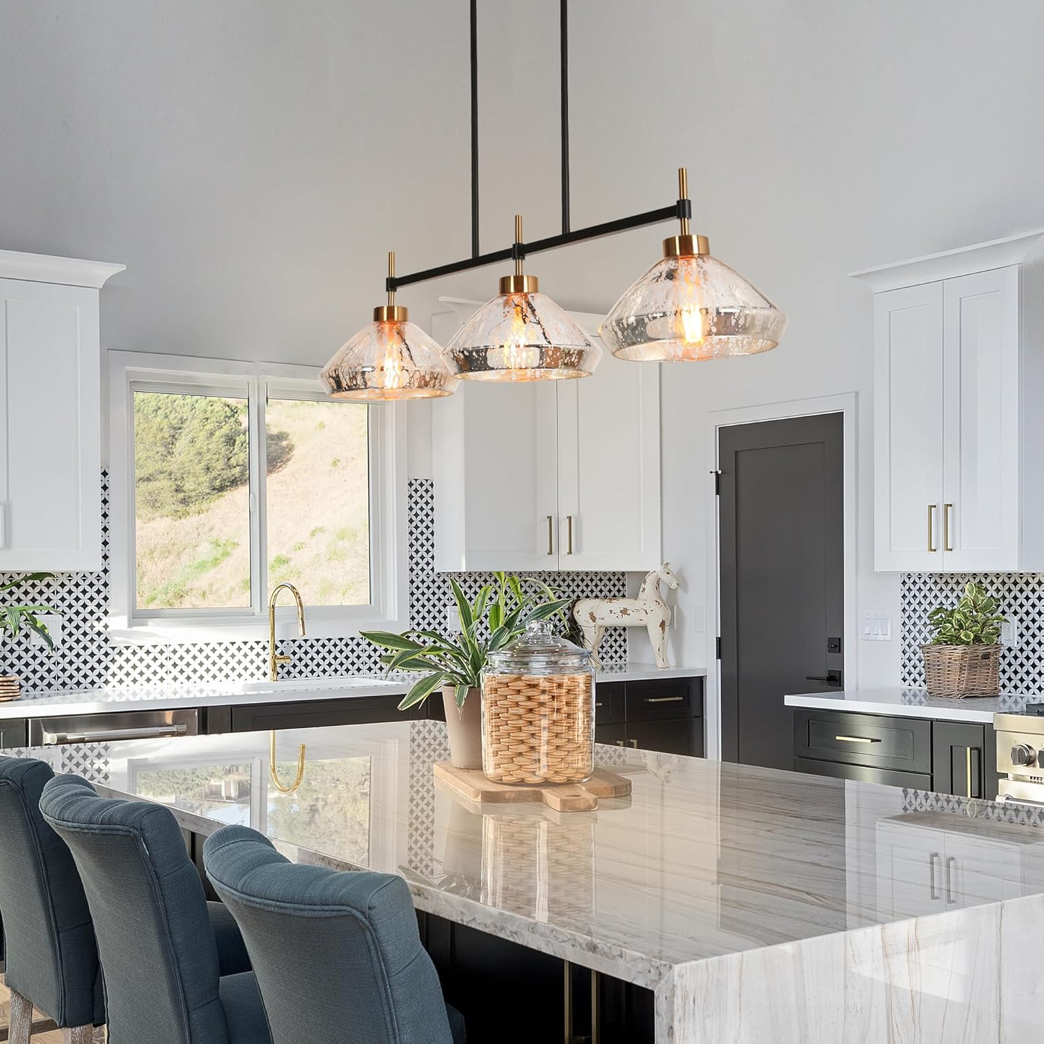 Modern 3-Light Linear Pendant Chandelier Gold Seeded Glass Island Hanging Light