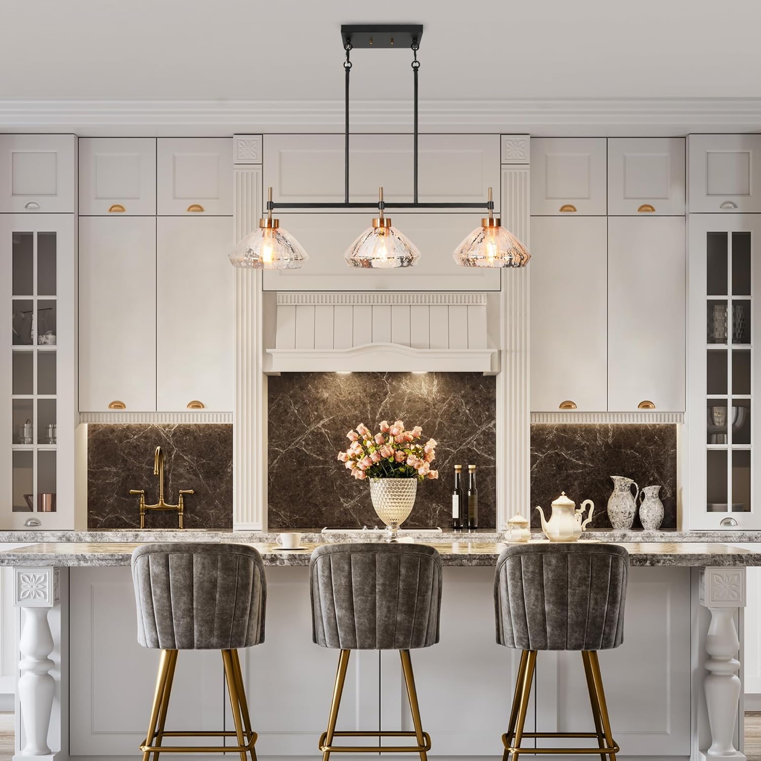 Modern 3-Light Linear Pendant Chandelier Gold Seeded Glass Island Hanging Light