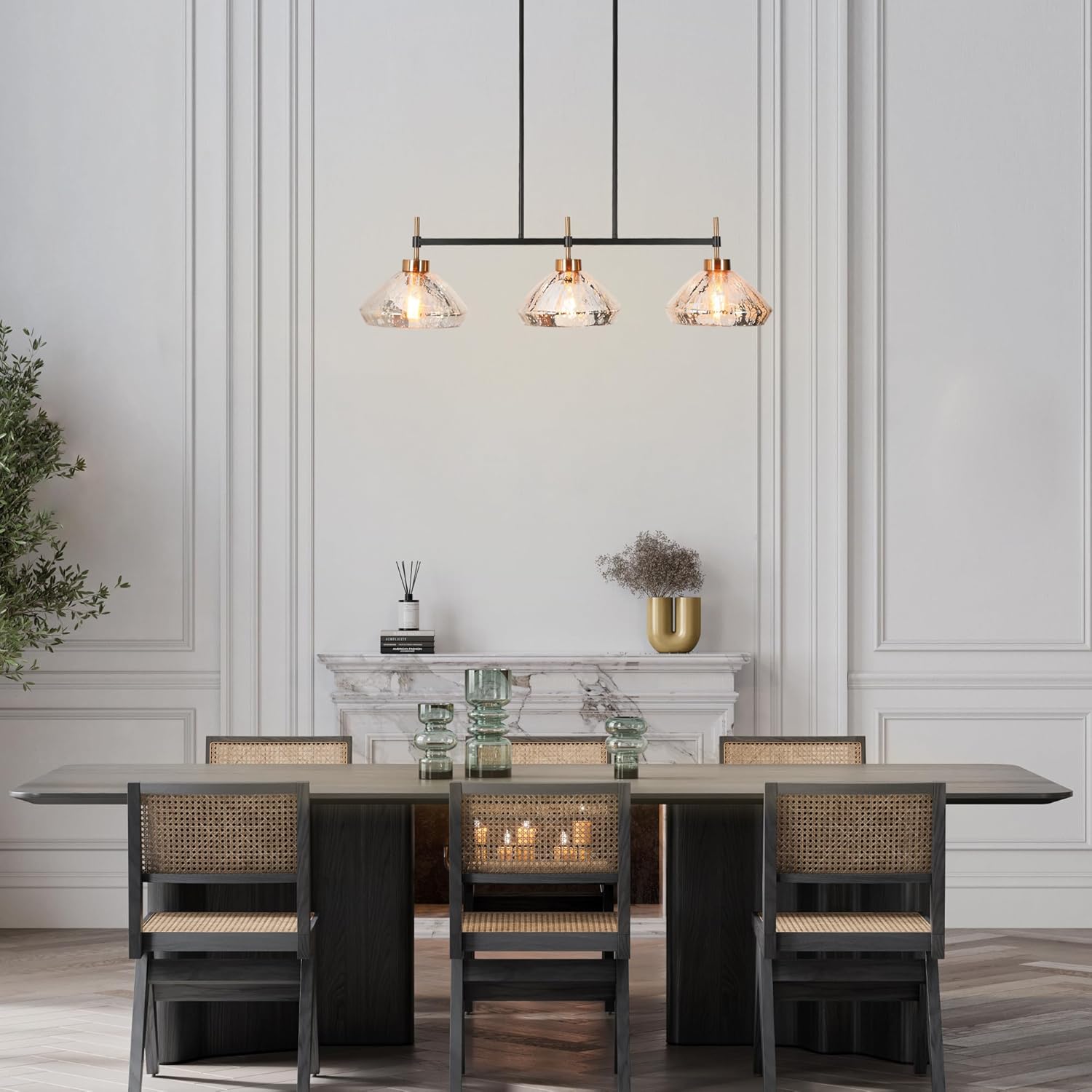 Modern 3-Light Linear Pendant Chandelier Gold Seeded Glass Island Hanging Light