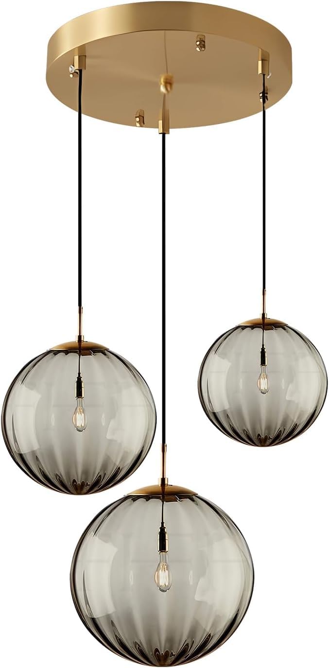 3-Light Smoke Grey Glass Pendant Light Cluster - E26 Ceiling Fixture with Gold Canopy
