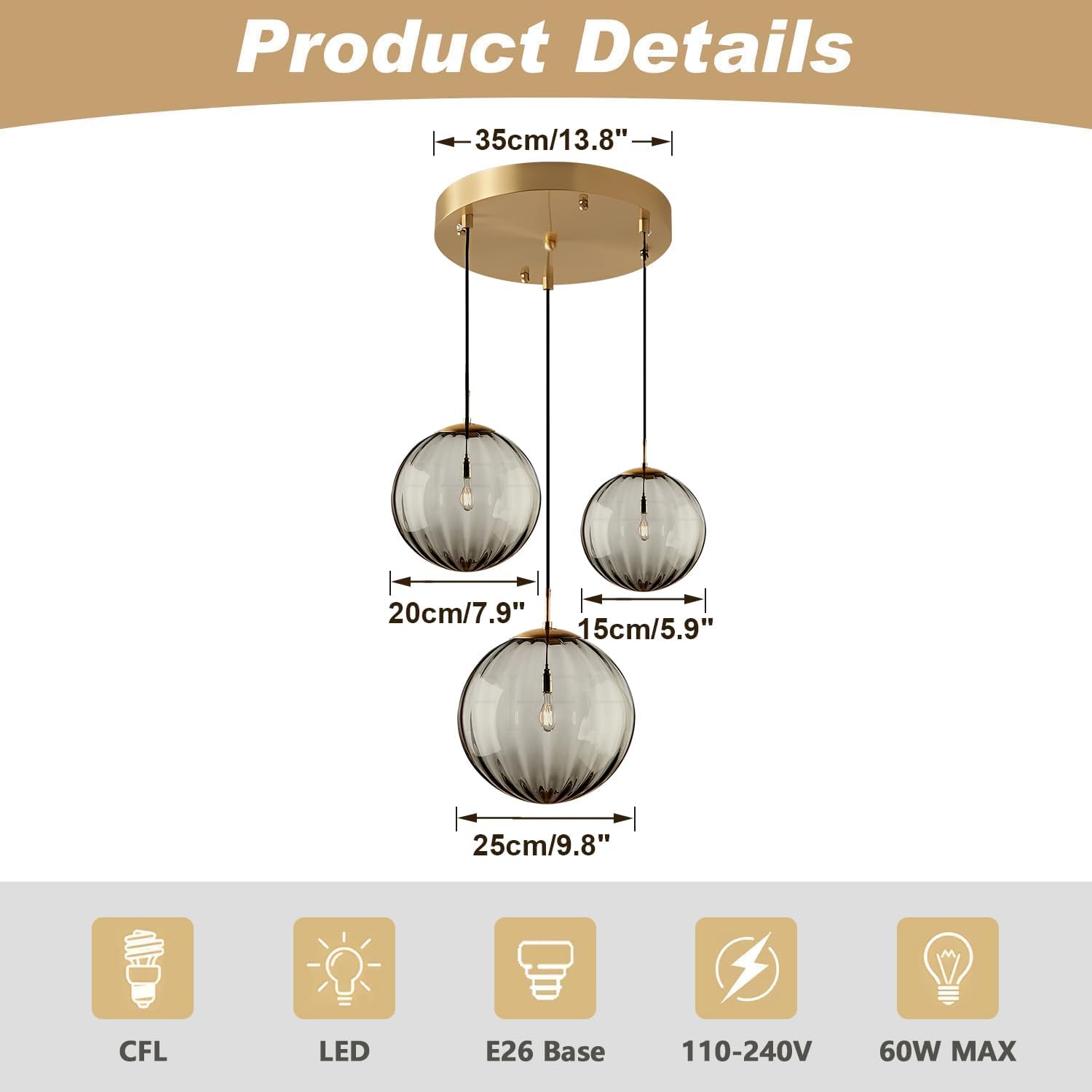 3-Light Smoke Grey Glass Pendant Light Cluster - E26 Ceiling Fixture with Gold Canopy