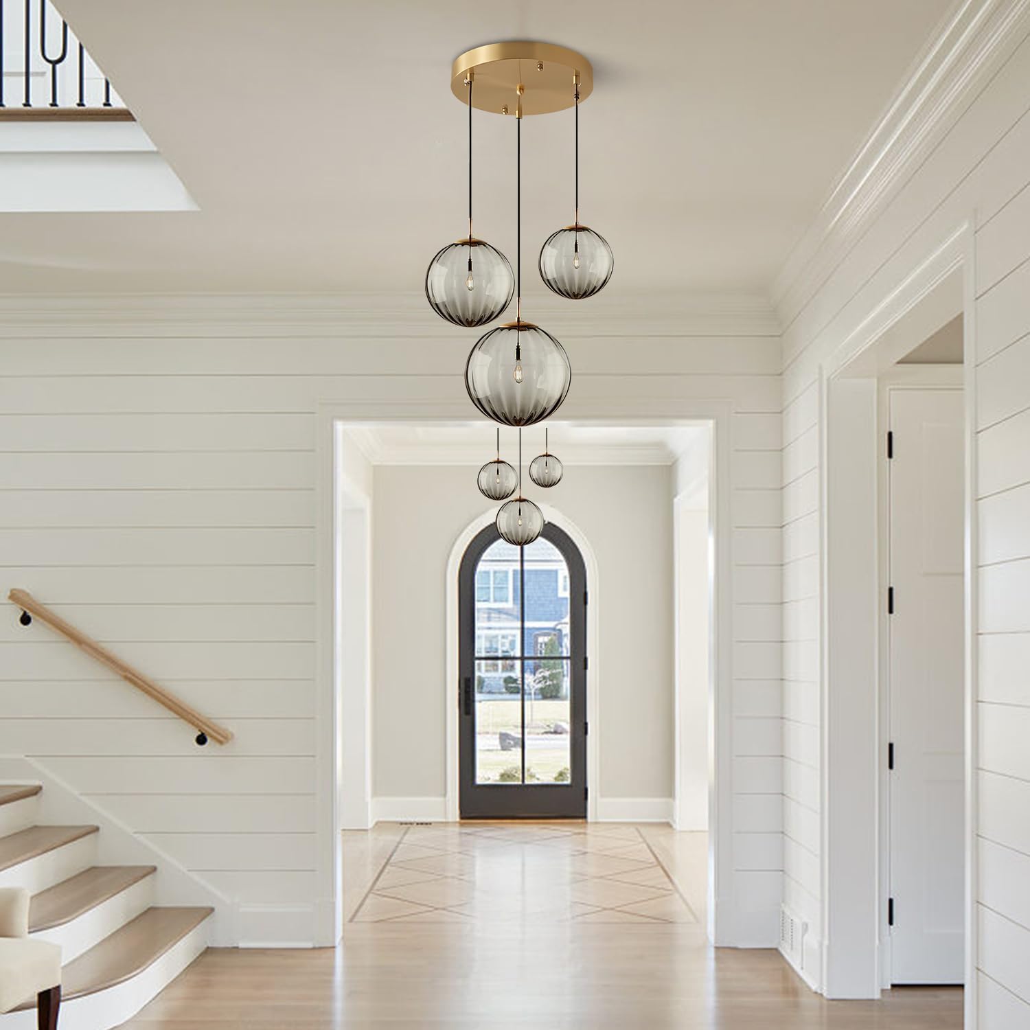 3-Light Smoke Grey Glass Pendant Light Cluster - E26 Ceiling Fixture with Gold Canopy