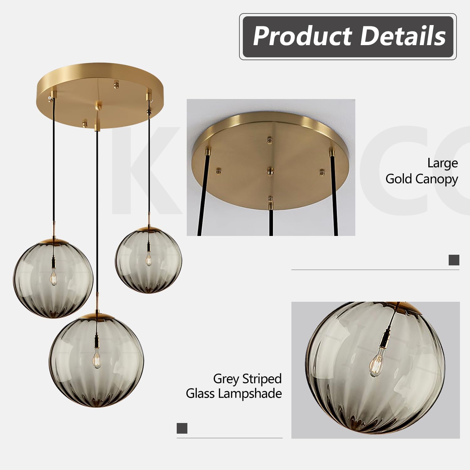 3-Light Smoke Grey Glass Pendant Light Cluster - E26 Ceiling Fixture with Gold Canopy