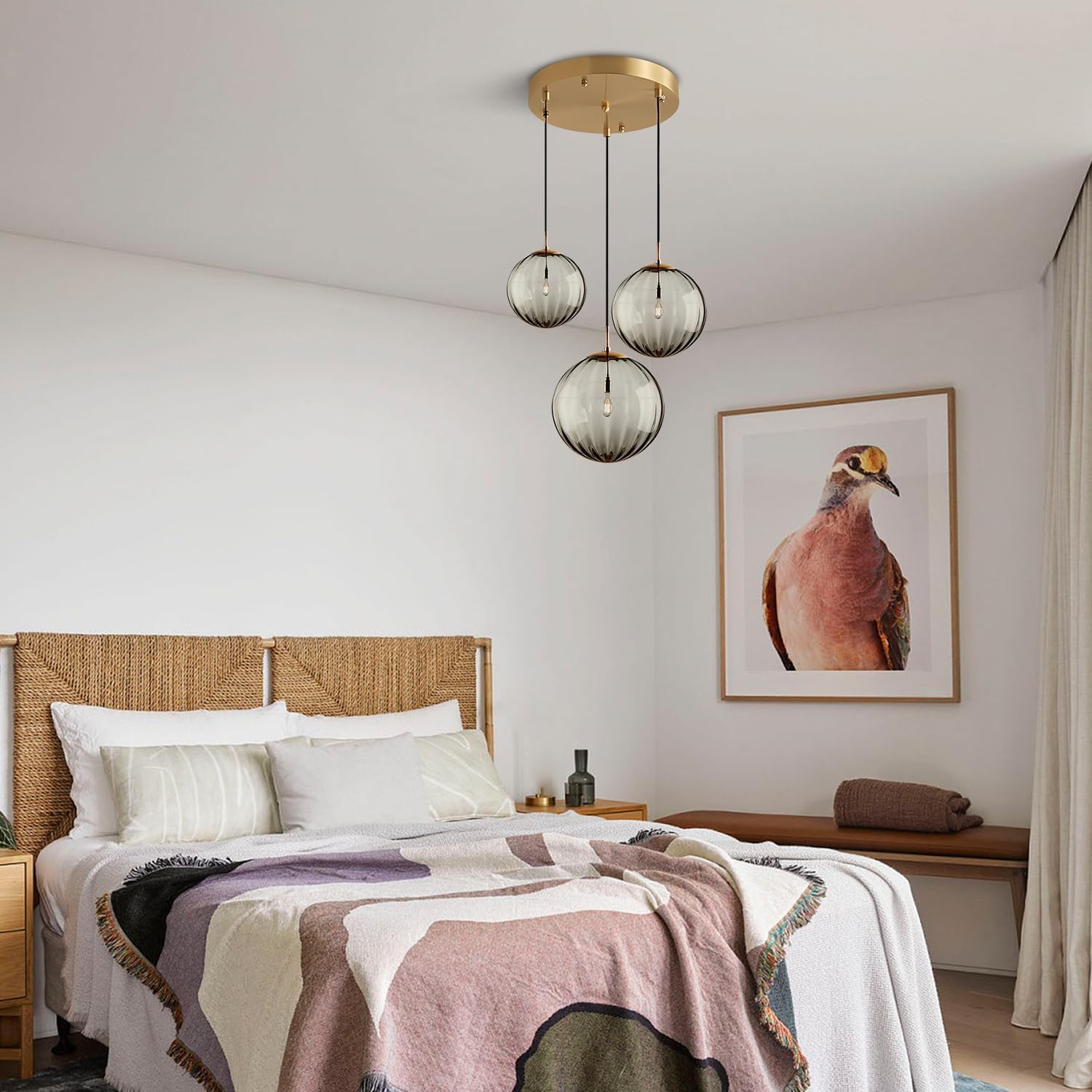 3-Light Smoke Grey Glass Pendant Light Cluster - E26 Ceiling Fixture with Gold Canopy