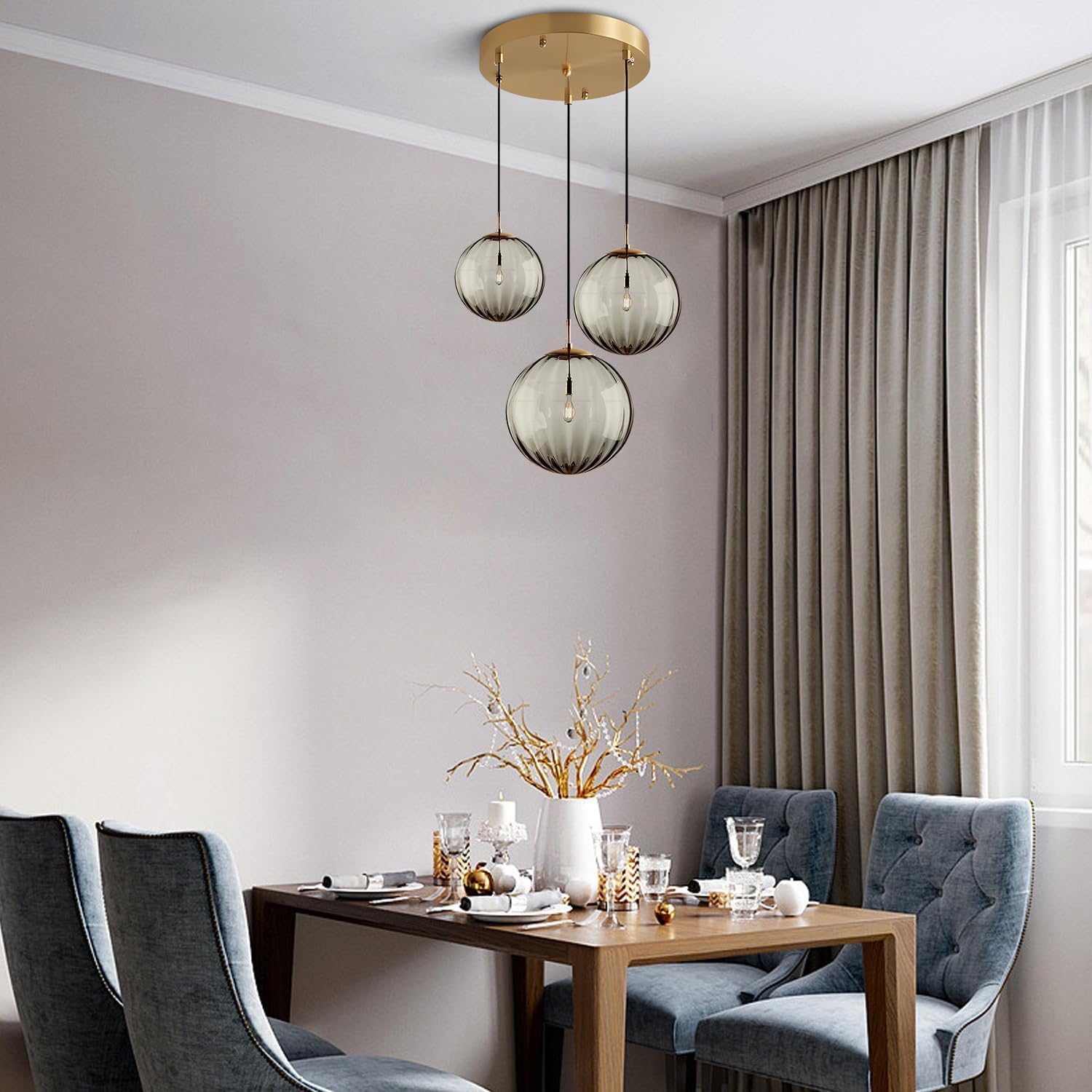 3-Light Smoke Grey Glass Pendant Light Cluster - E26 Ceiling Fixture with Gold Canopy