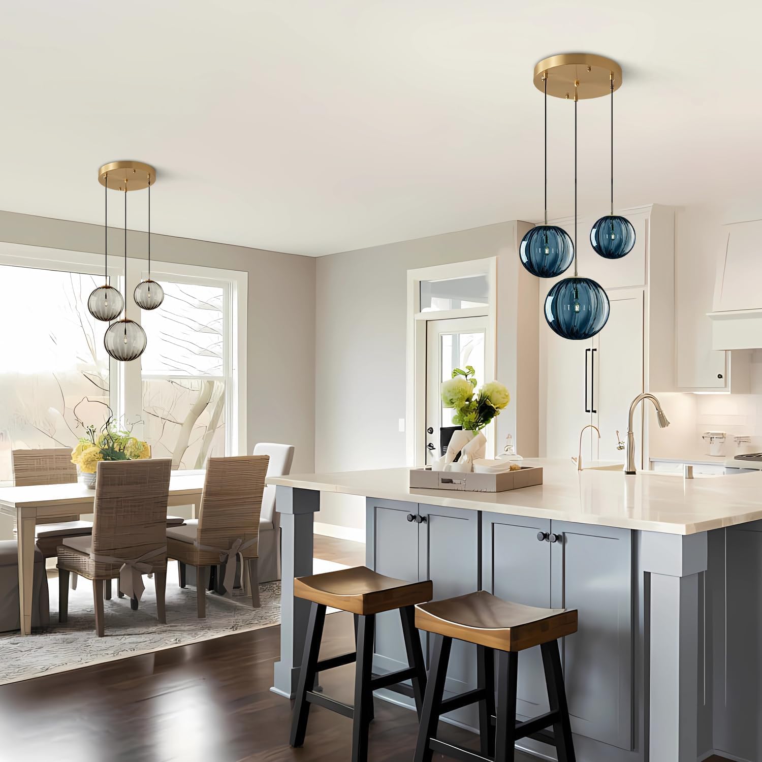 3-Light Smoke Grey Glass Pendant Light Cluster - E26 Ceiling Fixture with Gold Canopy