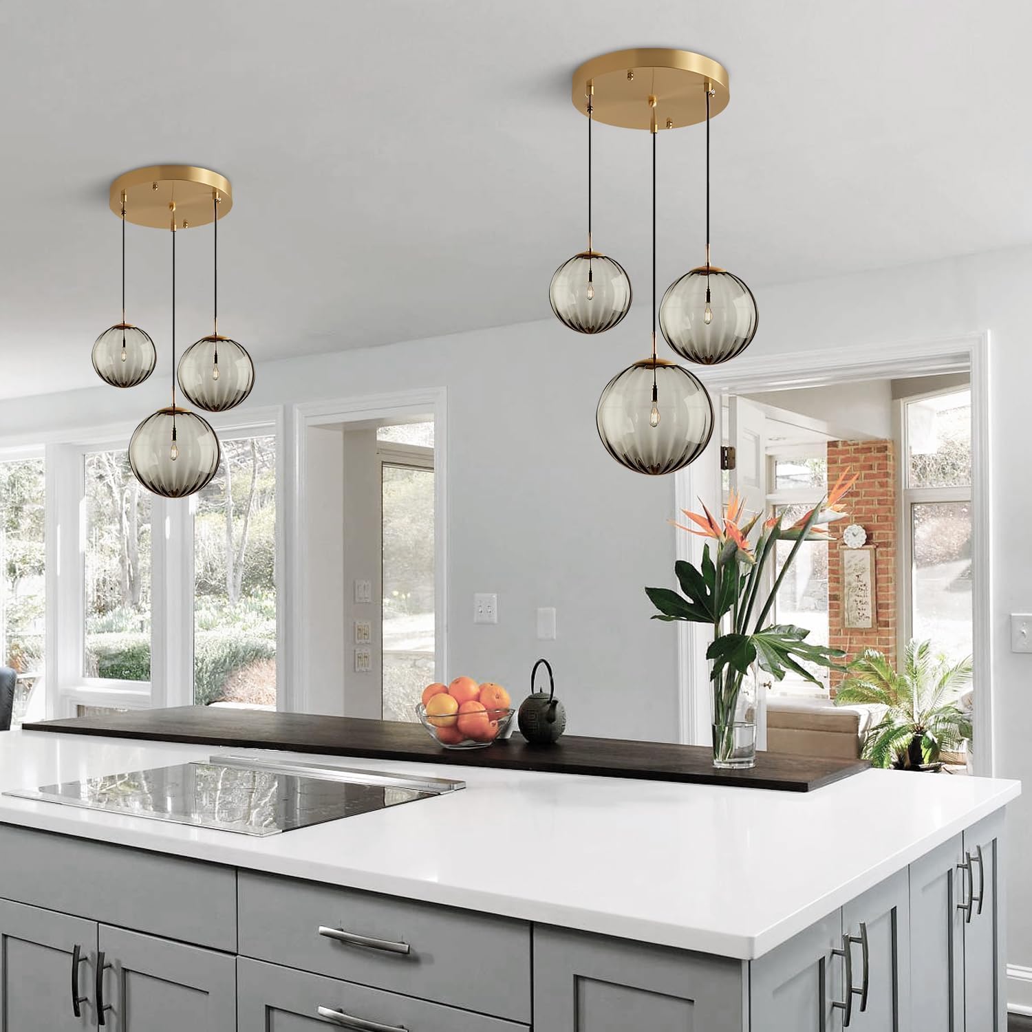 3-Light Smoke Grey Glass Pendant Light Cluster - E26 Ceiling Fixture with Gold Canopy