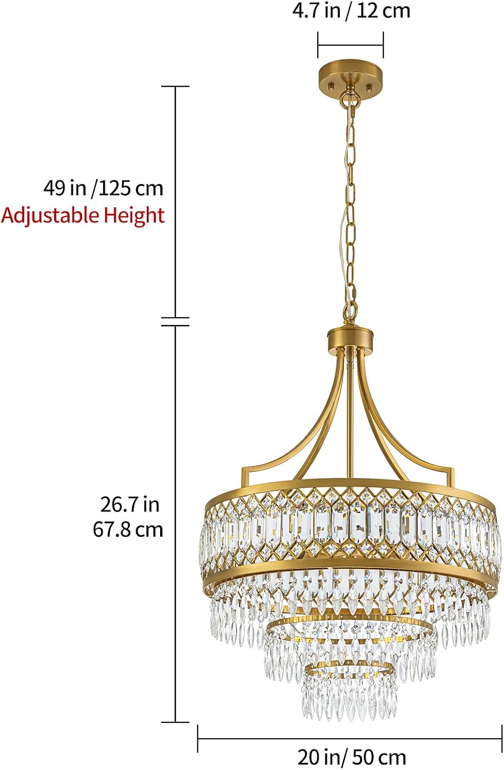 Luxury 3-Tier Gold Crystal Chandelier 20-Inch Round Adjustable Chain Pendant Light
