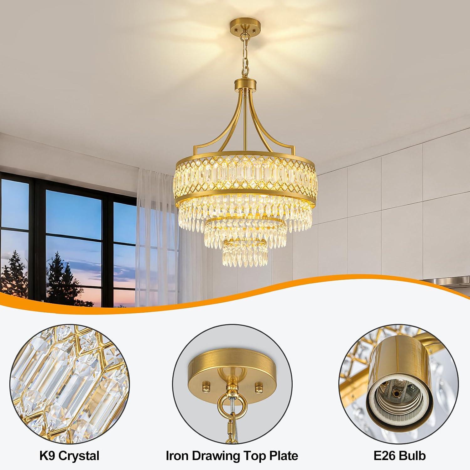 Luxury 3-Tier Gold Crystal Chandelier 20-Inch Round Adjustable Chain Pendant Light