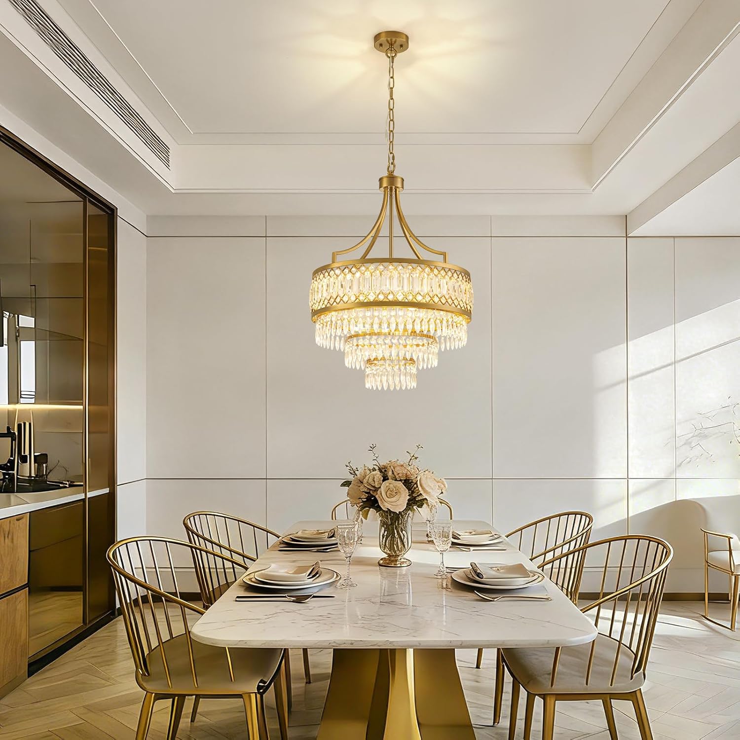 Luxury 3-Tier Gold Crystal Chandelier 20-Inch Round Adjustable Chain Pendant Light