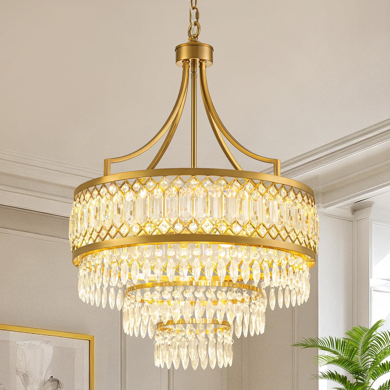 Luxury 3-Tier Gold Crystal Chandelier 20-Inch Round Adjustable Chain Pendant Light