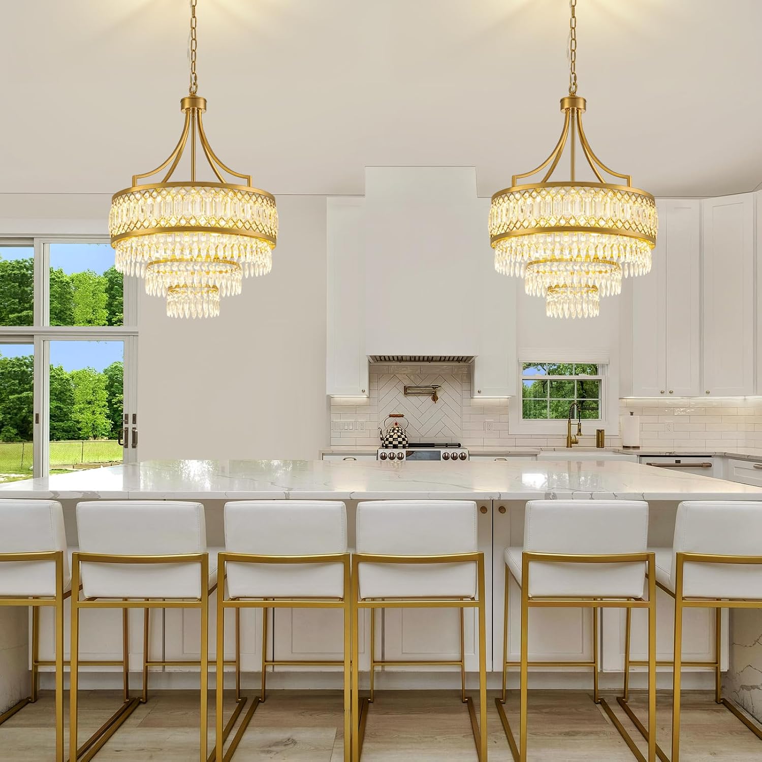 Luxury 3-Tier Gold Crystal Chandelier 20-Inch Round Adjustable Chain Pendant Light