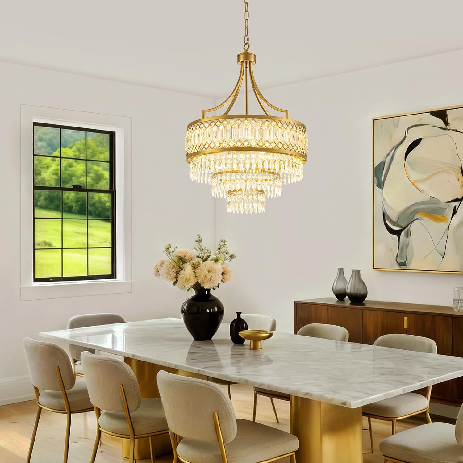 Luxury 3-Tier Gold Crystal Chandelier 20-Inch Round Adjustable Chain Pendant Light