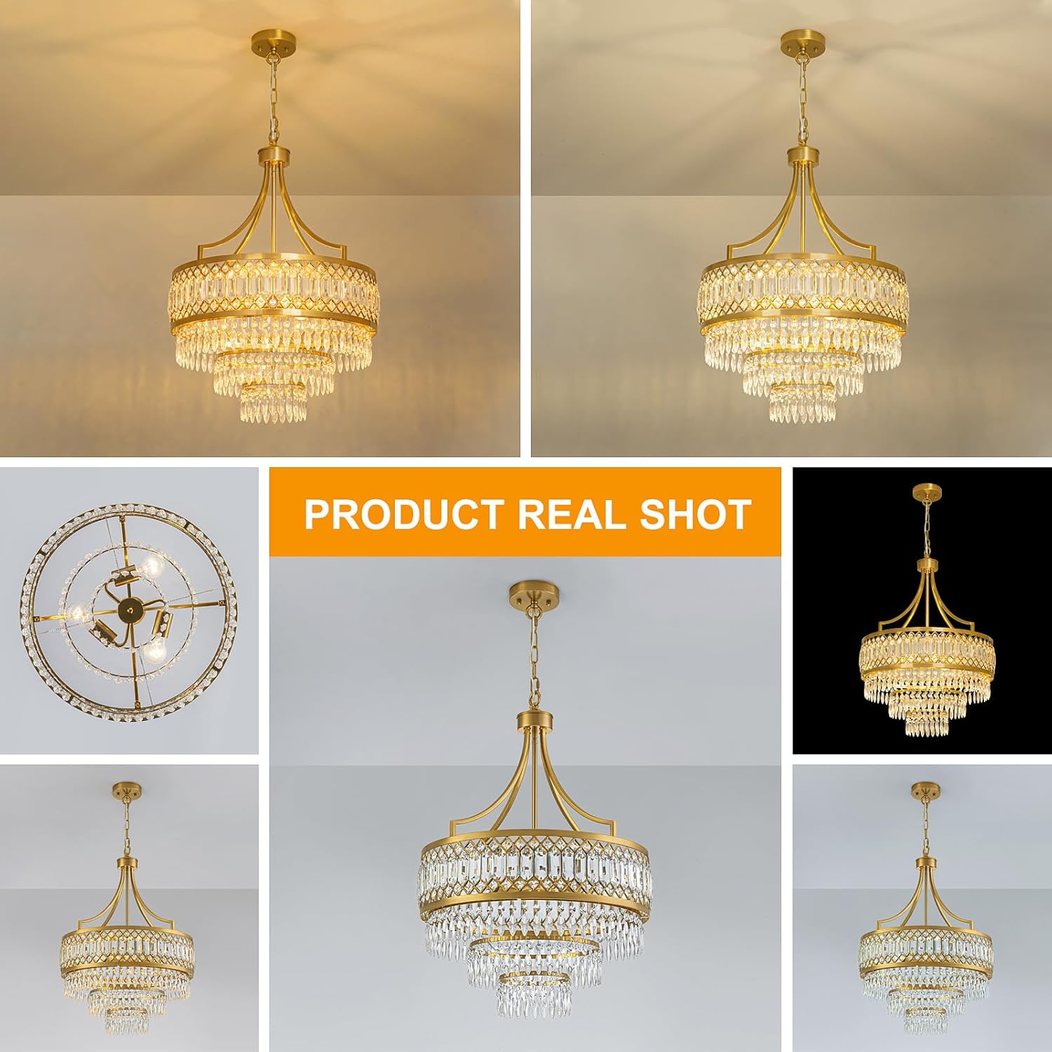 Luxury 3-Tier Gold Crystal Chandelier 20-Inch Round Adjustable Chain Pendant Light