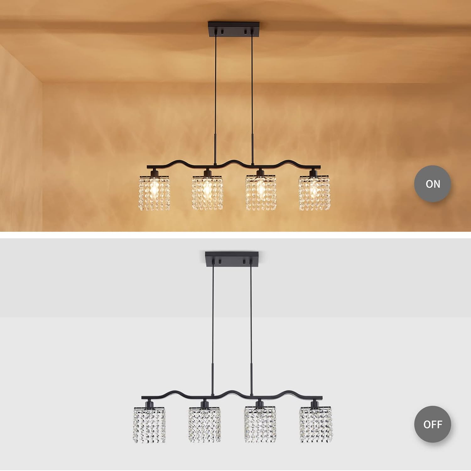 Modern Black Crystal Kitchen Island Chandelier 4-Light Adjustable Pendant Ceiling Light
