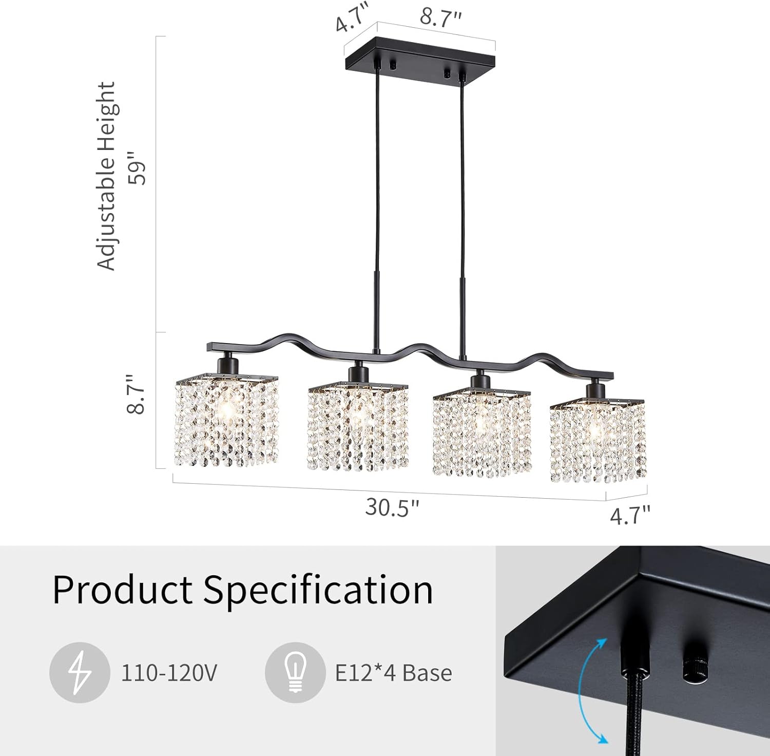 Modern Black Crystal Kitchen Island Chandelier 4-Light Adjustable Pendant Ceiling Light
