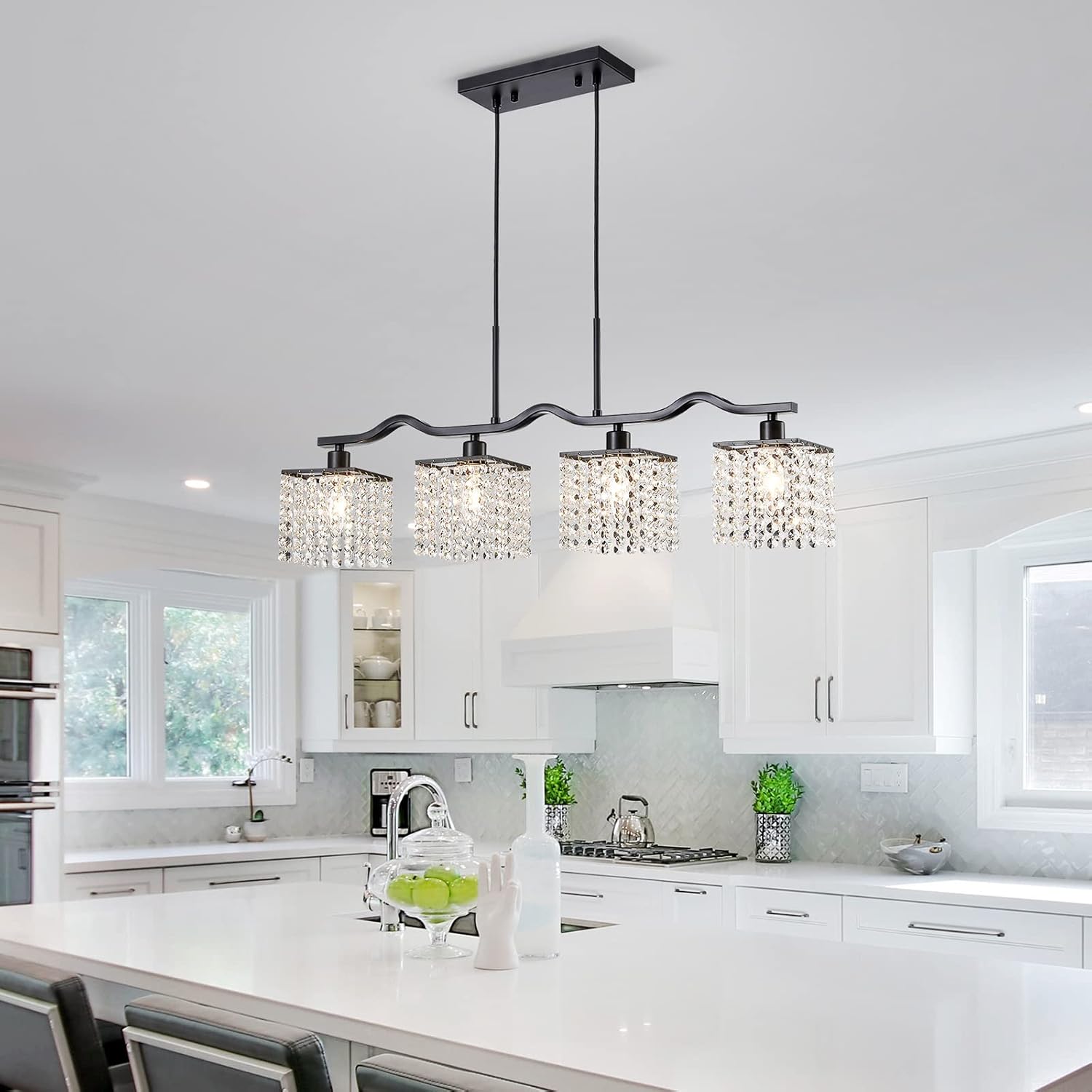 Modern Black Crystal Kitchen Island Chandelier 4-Light Adjustable Pendant Ceiling Light