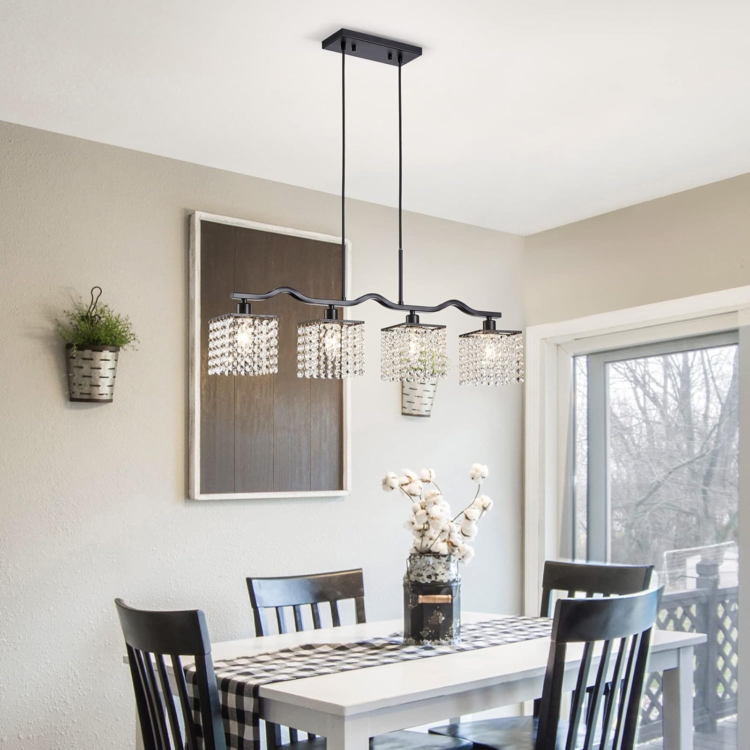 Modern Black Crystal Kitchen Island Chandelier 4-Light Adjustable Pendant Ceiling Light