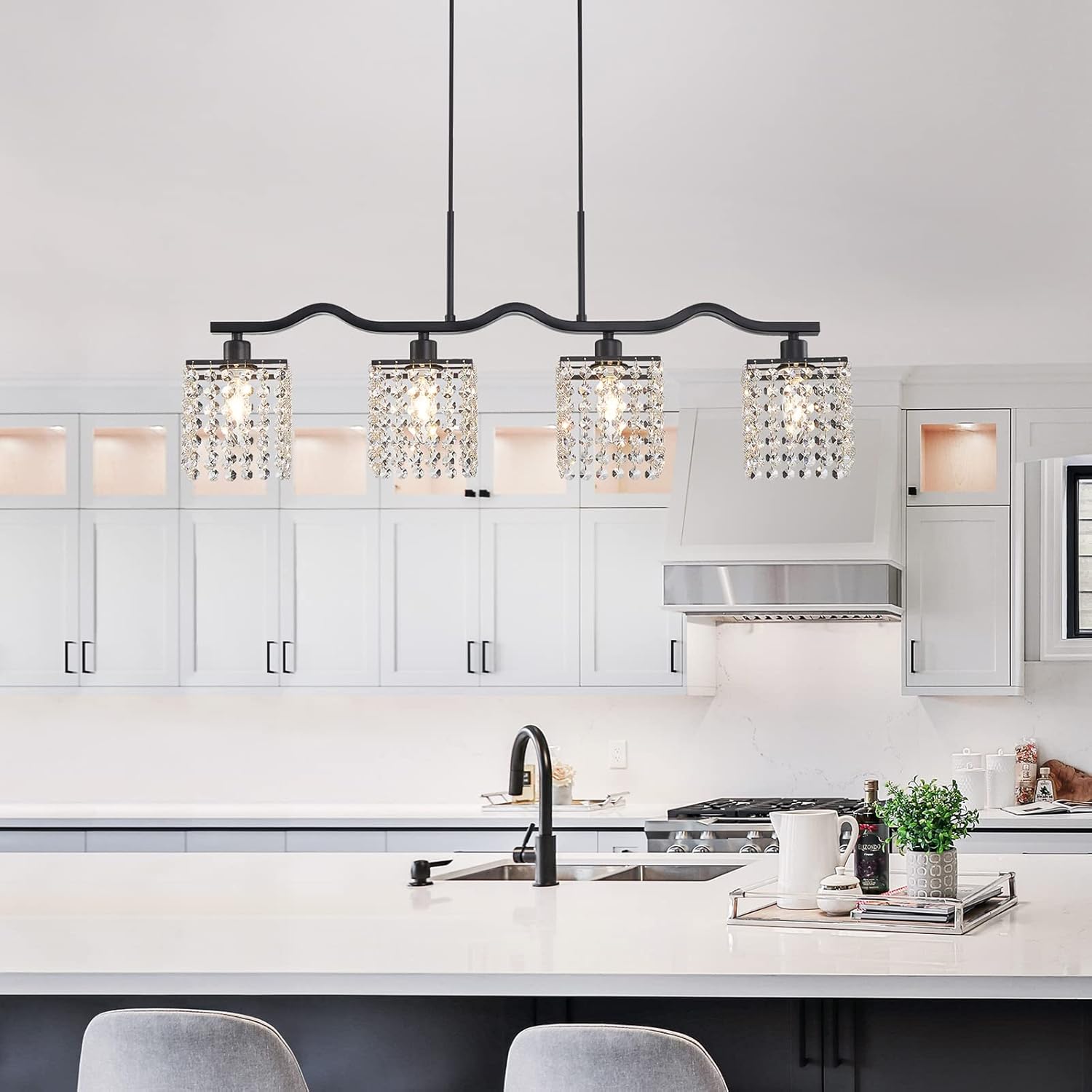 Modern Black Crystal Kitchen Island Chandelier 4-Light Adjustable Pendant Ceiling Light