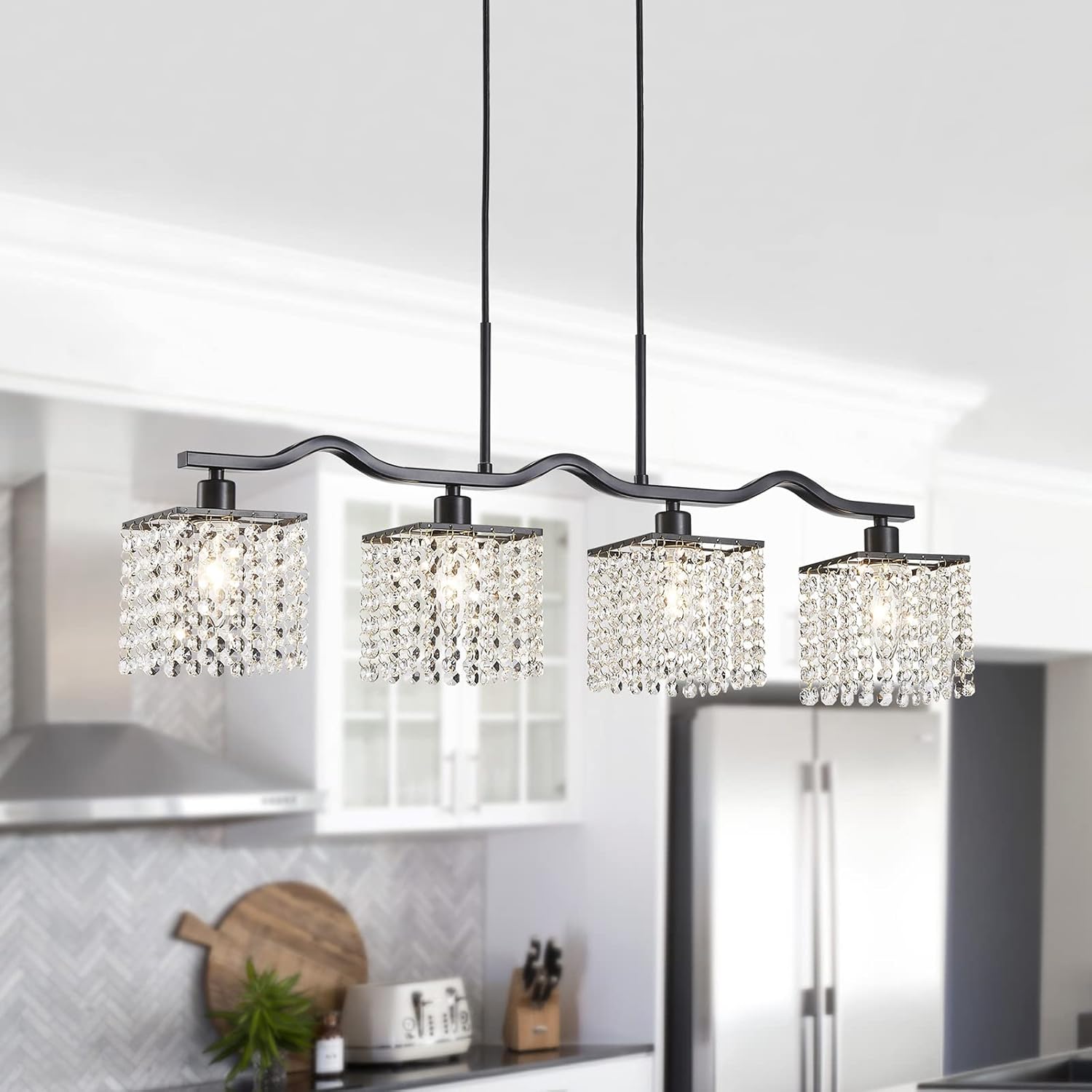 Modern Black Crystal Kitchen Island Chandelier 4-Light Adjustable Pendant Ceiling Light