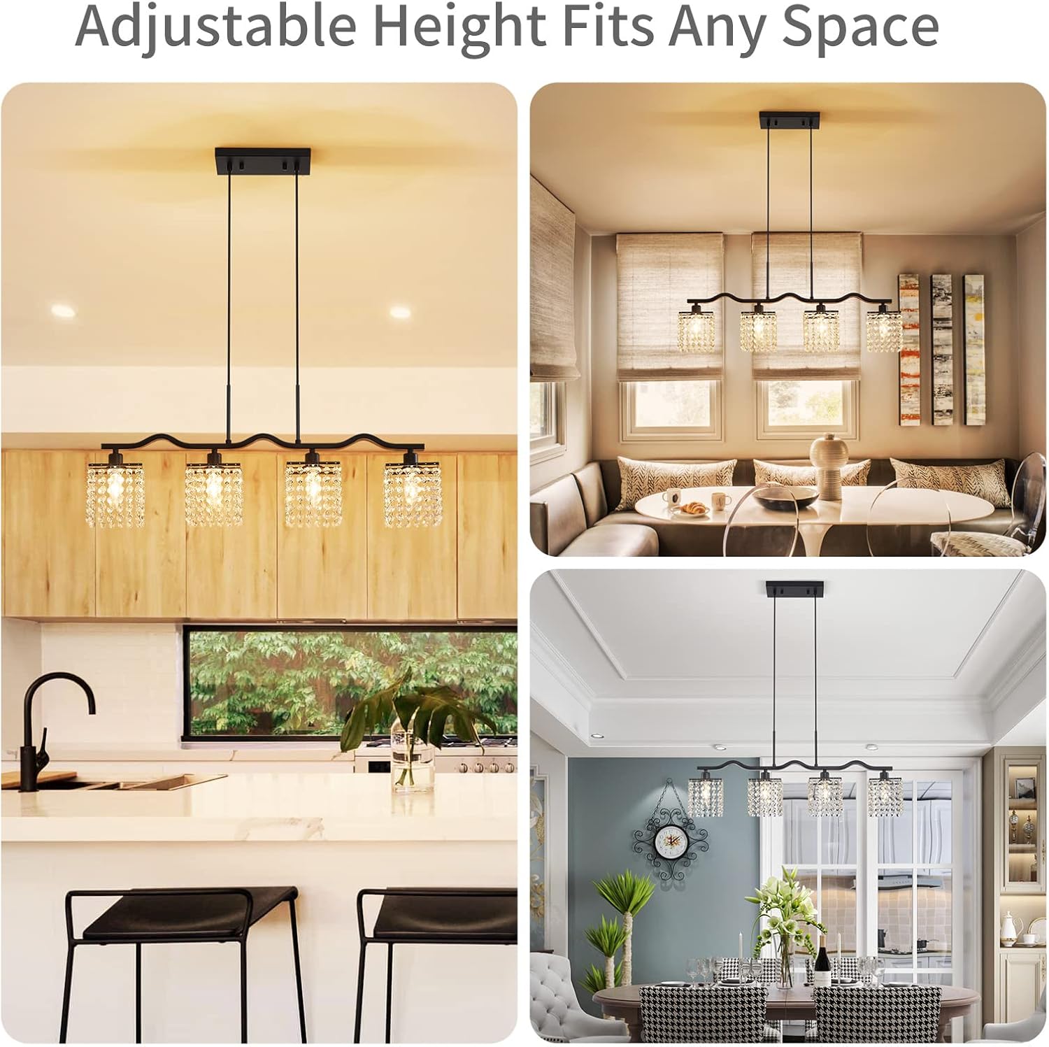 Modern Black Crystal Kitchen Island Chandelier 4-Light Adjustable Pendant Ceiling Light