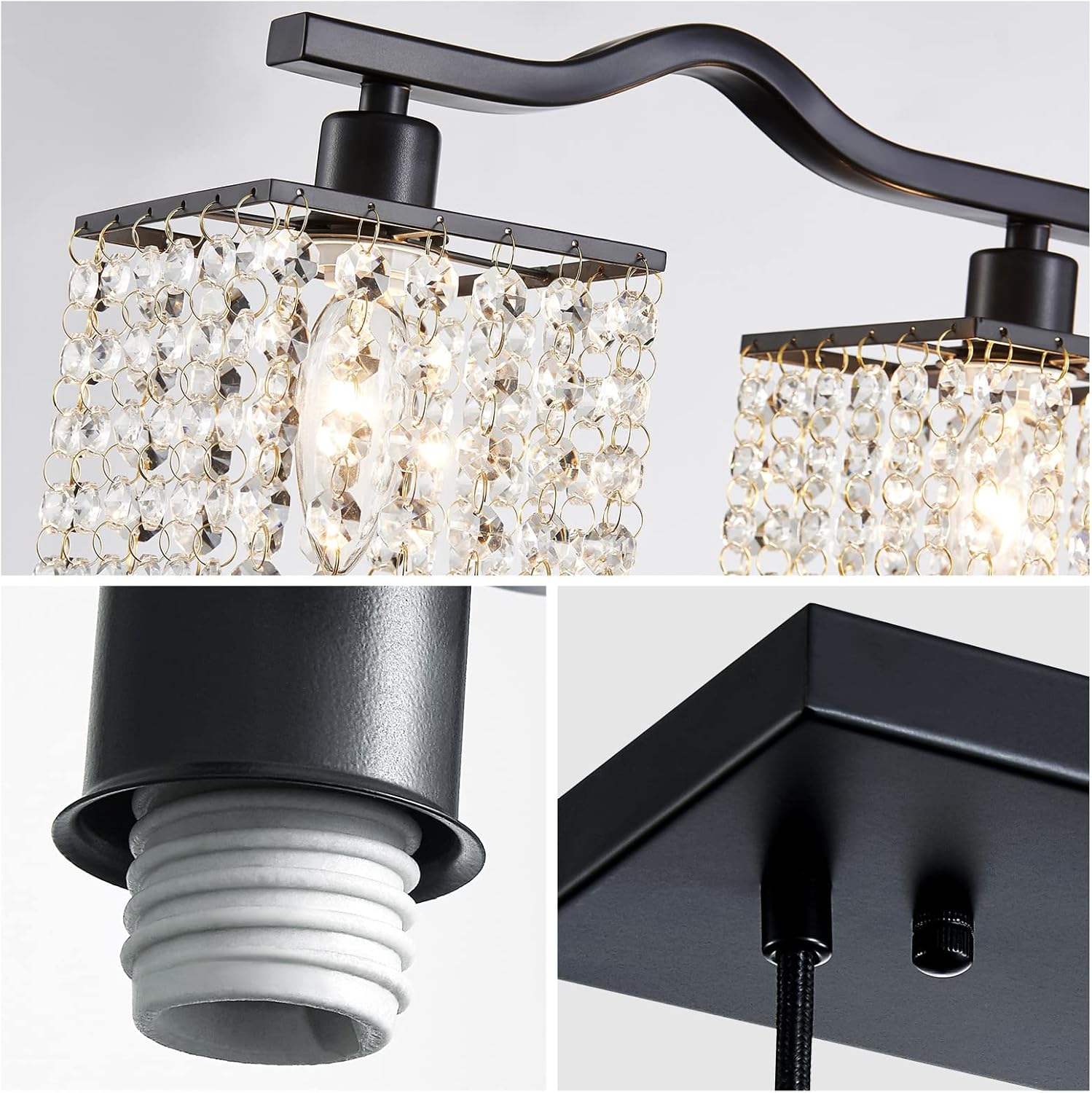 Modern Black Crystal Kitchen Island Chandelier 4-Light Adjustable Pendant Ceiling Light