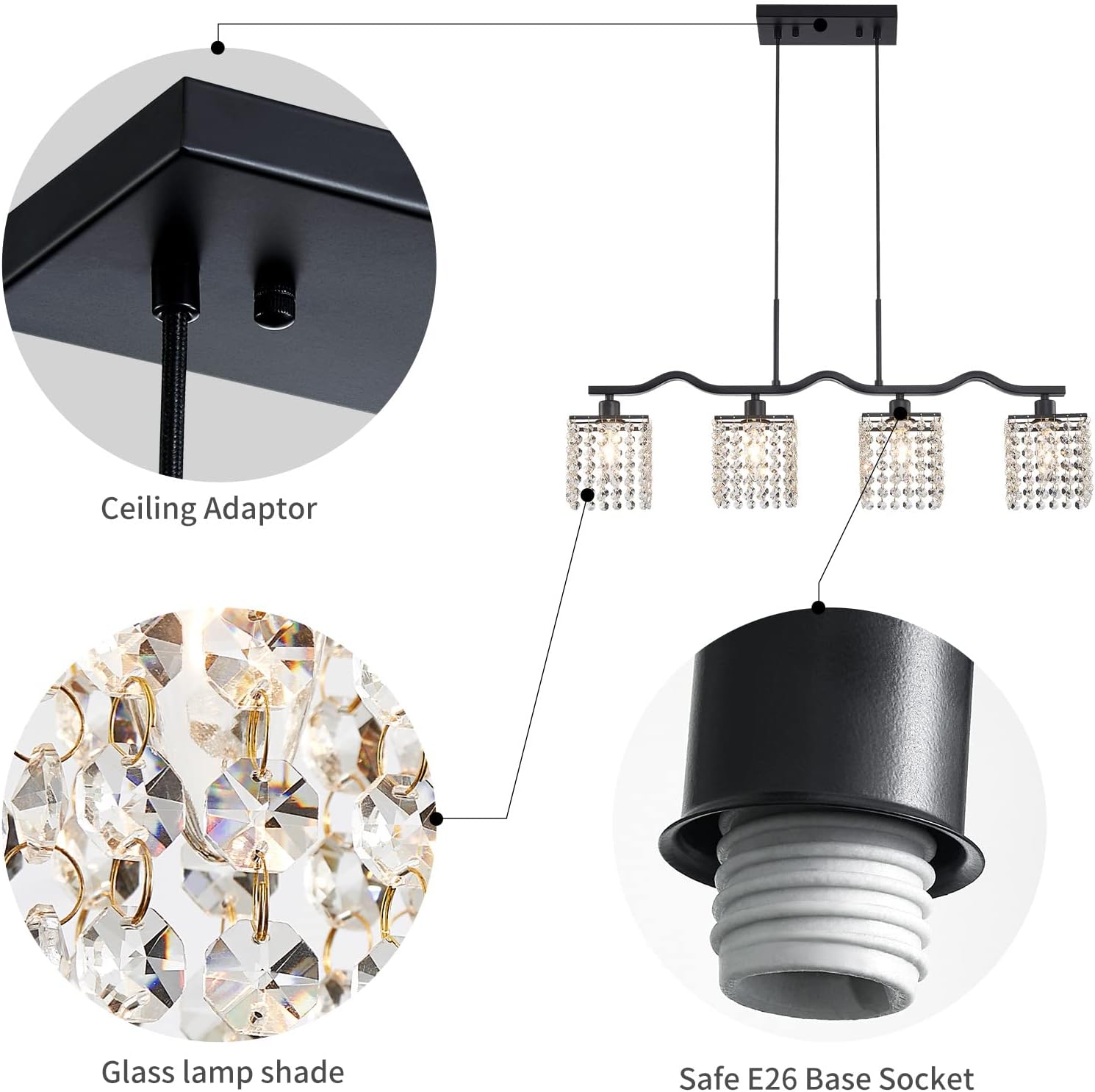 Modern Black Crystal Kitchen Island Chandelier 4-Light Adjustable Pendant Ceiling Light