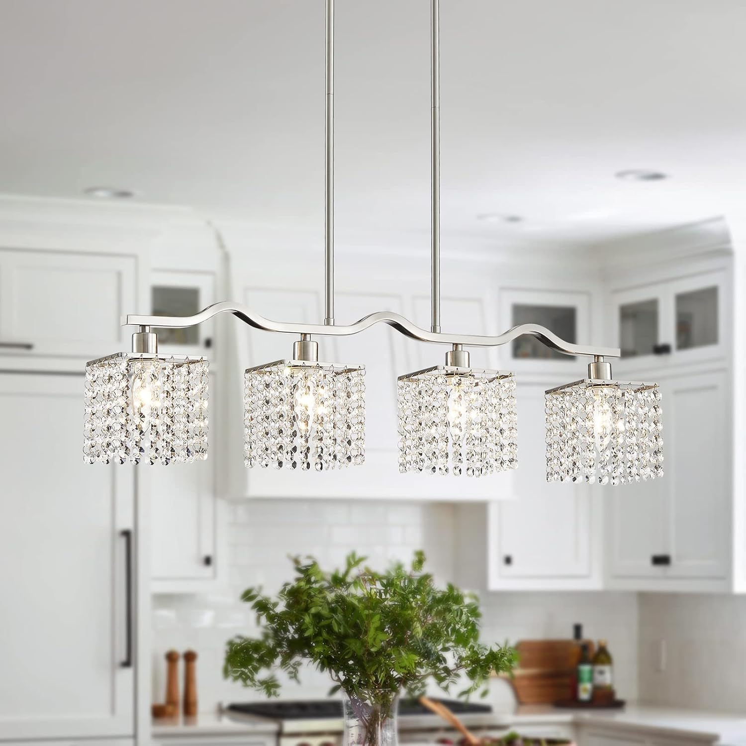 Modern Crystal Kitchen Island Chandelier 4-Light Adjustable Silver Pendant Ceiling Light