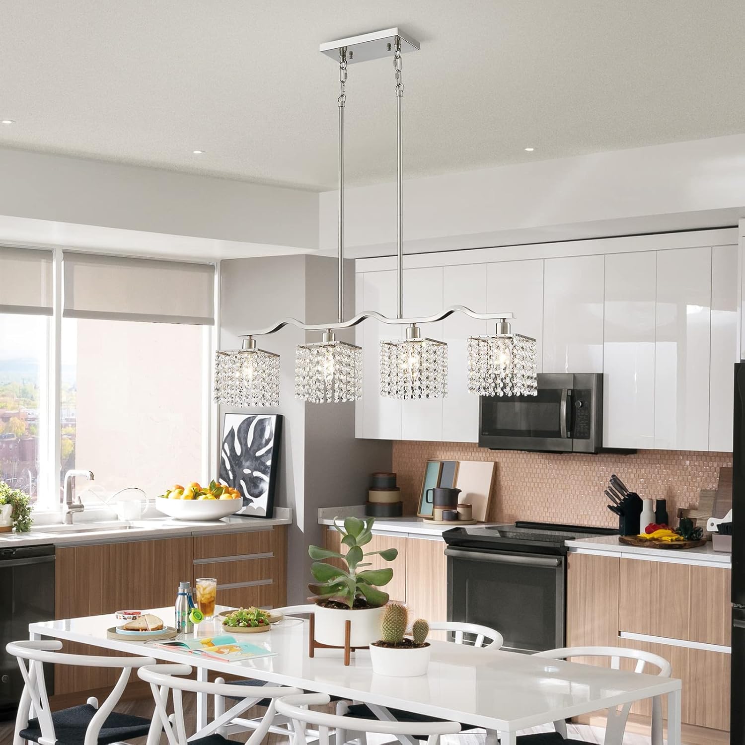 Modern Crystal Kitchen Island Chandelier 4-Light Adjustable Silver Pendant Ceiling Light