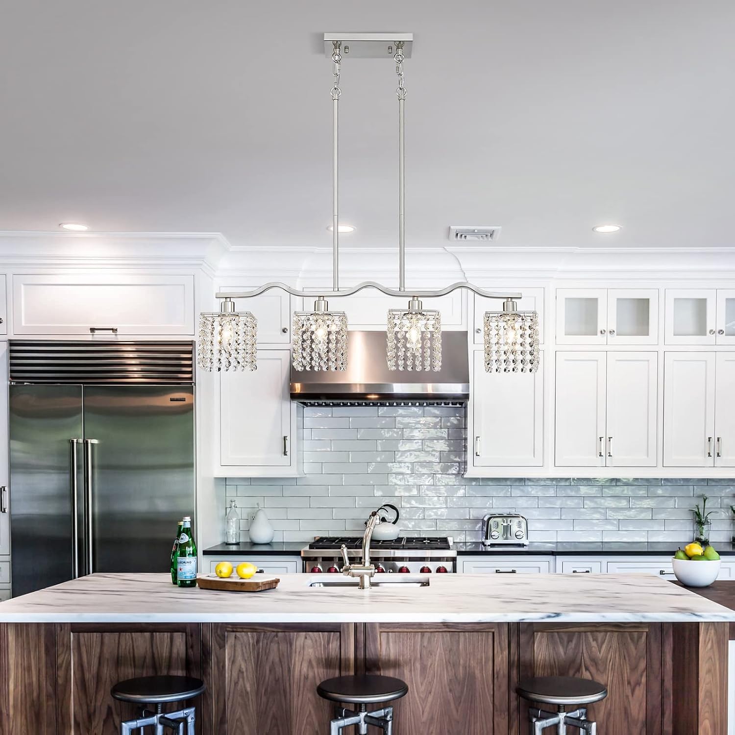Modern Crystal Kitchen Island Chandelier 4-Light Adjustable Silver Pendant Ceiling Light