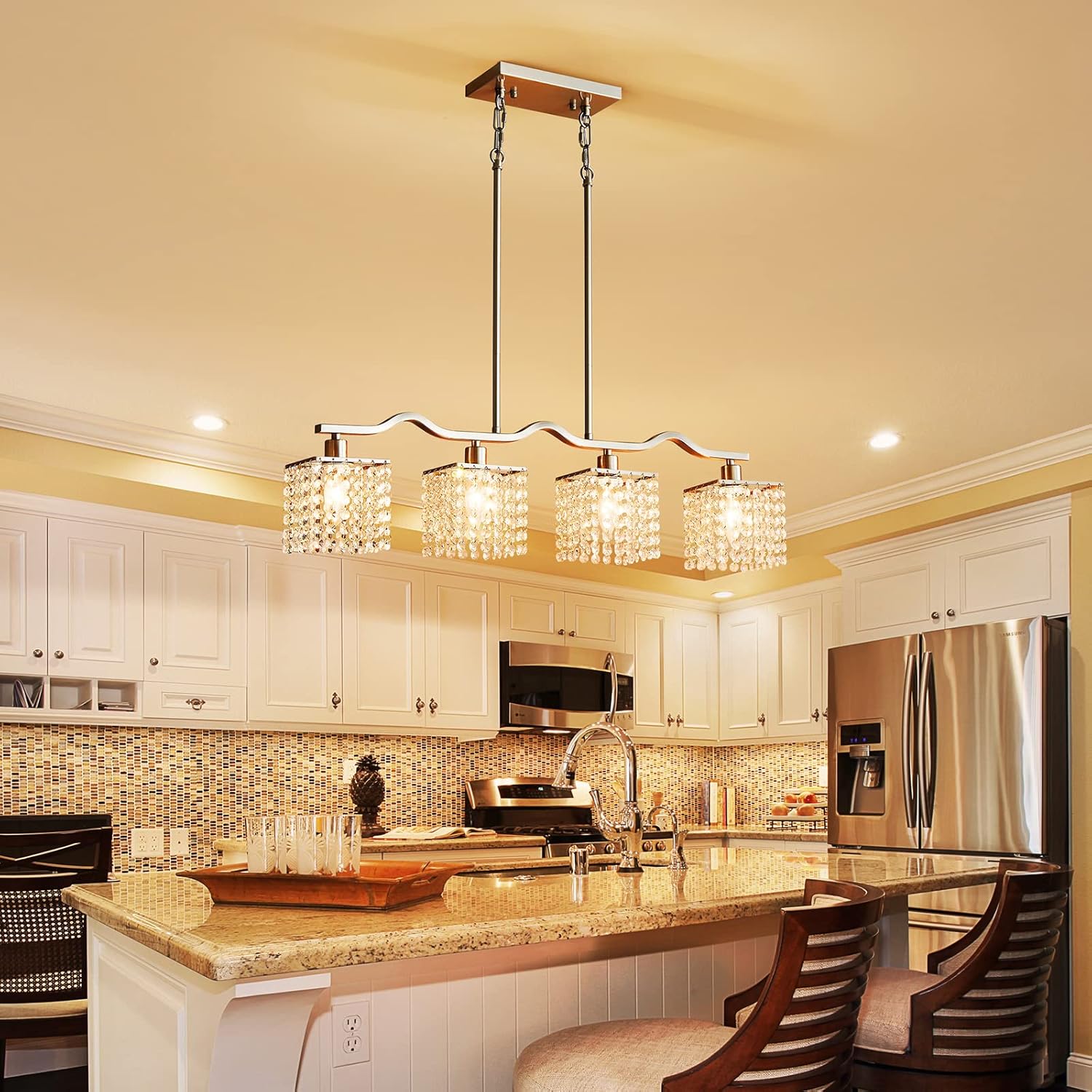 Modern Crystal Kitchen Island Chandelier 4-Light Adjustable Silver Pendant Ceiling Light