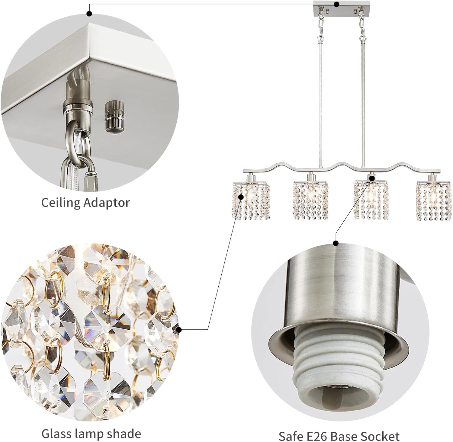Modern Crystal Kitchen Island Chandelier 4-Light Adjustable Silver Pendant Ceiling Light