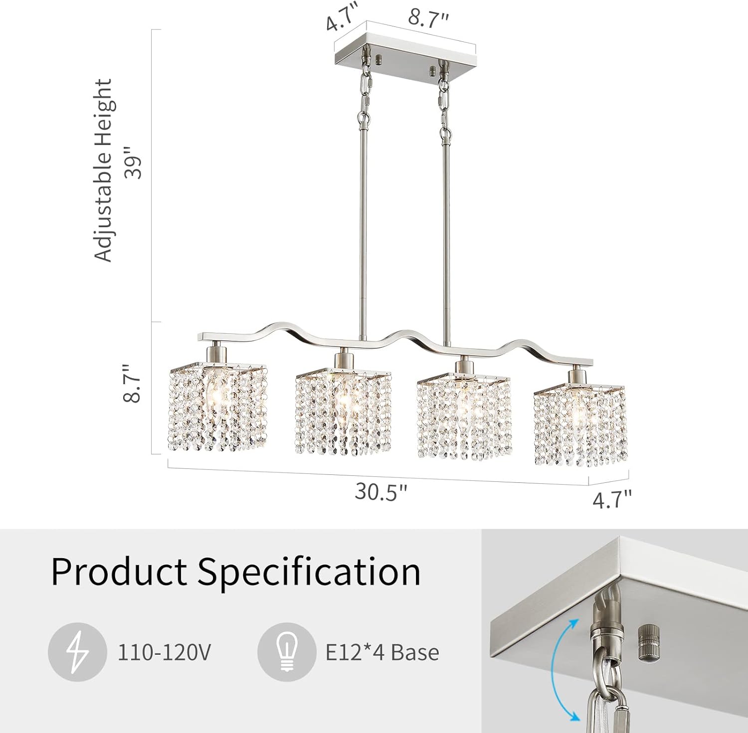 Modern Crystal Kitchen Island Chandelier 4-Light Adjustable Silver Pendant Ceiling Light