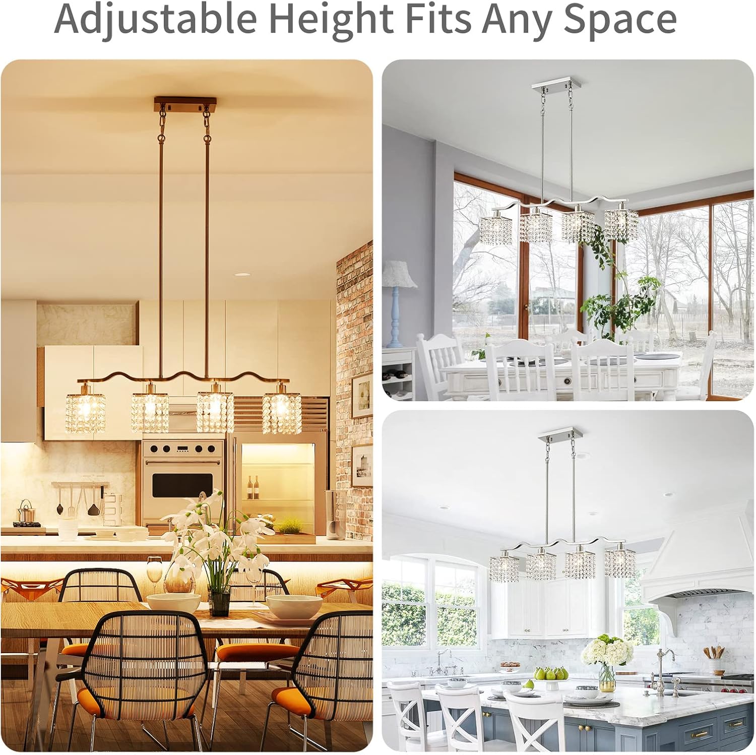 Modern Crystal Kitchen Island Chandelier 4-Light Adjustable Silver Pendant Ceiling Light