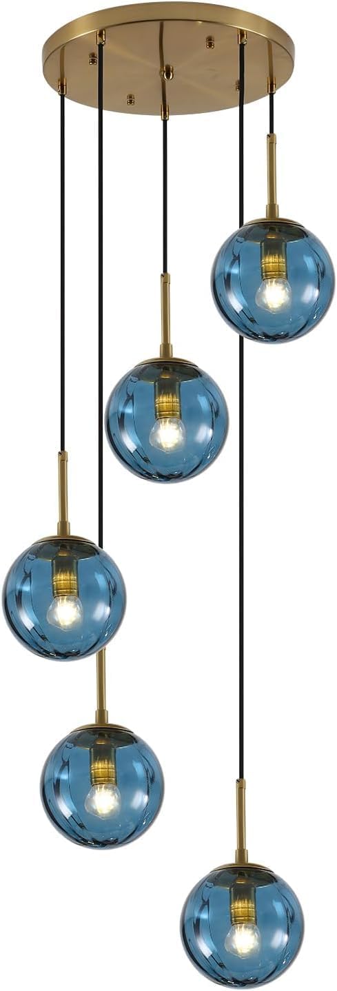 5-Light Blue Glass Pendant Light Chandelier - Modern E26 Fixture with Adjustable Cords and Gold Canopy