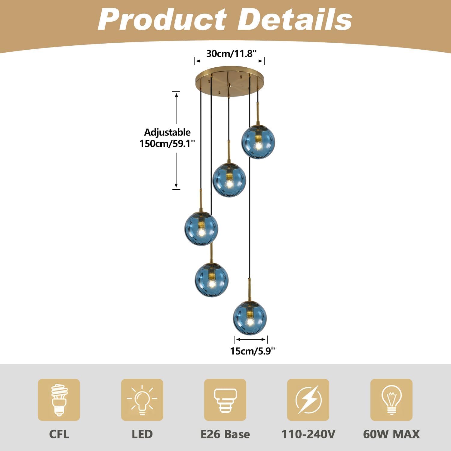 5-Light Blue Glass Pendant Light Chandelier - Modern E26 Fixture with Adjustable Cords and Gold Canopy